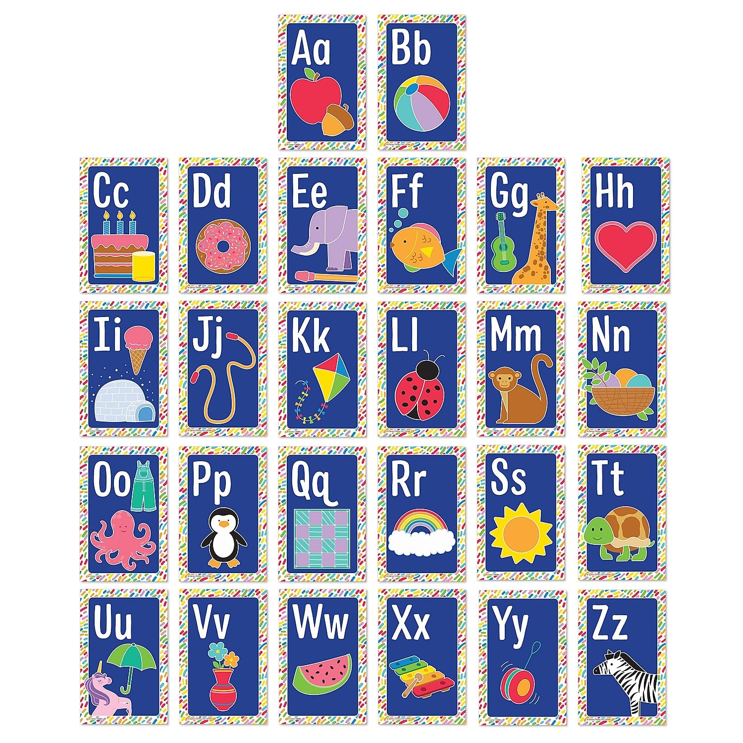 Photo 1 of Carson Dellosa 26 pc Set of abc Bulletin Board Decorations, Alphabet Toddler Learning Posters, Letters With Sight Word Images for Sound Recognition, Preschool and Kindergarten Classroom and Wall Decor