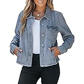Vetinee Jean Jacket Women Trendy Button Down Long Sleeves Casual Distressed Frayed Hem Trucker Denim Jackets with Pocket