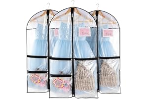 3PCS Dance Garment Bags for Costumes Suit Plastic Clear 38inch Long Hanging Clothes with Zipper Pockets & ID Solt for Closet 