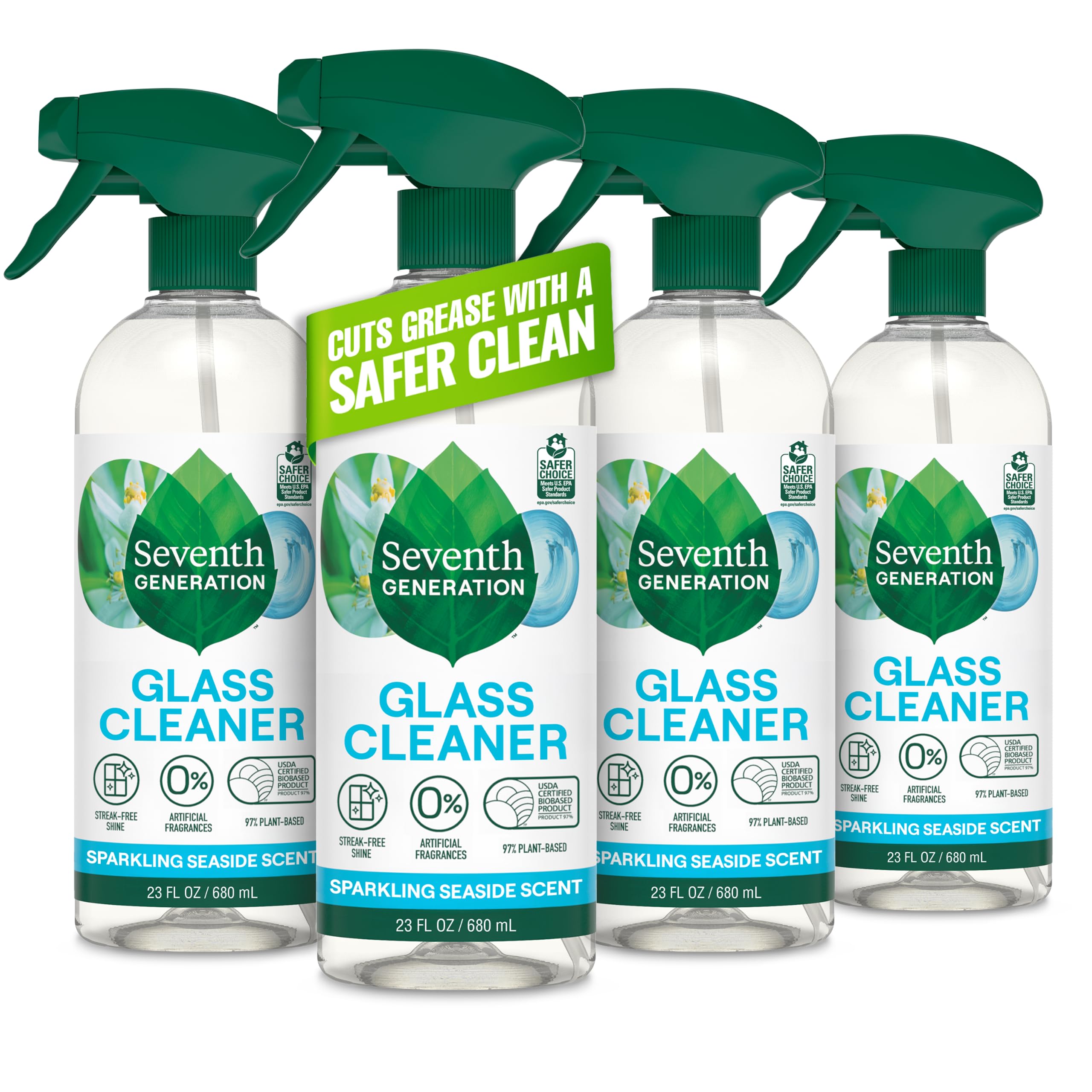 Seventh Generation Glass Cleaner, Sparkling Seaside, 23 oz, 4-Pack