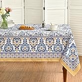 Horaldaily Arabesque Rectangular Tablecloth 60x84 Inch, Yellow and Blue Floral Rustic Washable Seasonal Table Cover for Party Picnic Dinner Decor