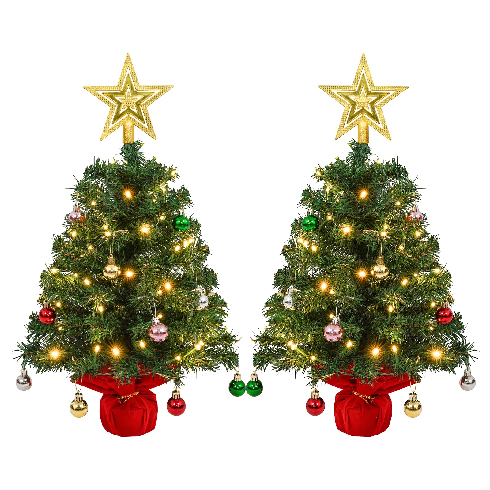 Uten 2Pcs Mini Christmas Tree, 2ft/60cm Desktop Small Christmas Tree with 2Pcs 50 LED Light Strings, 56 Christmas Balls, 2 Golden Tree Topper Star and Red Base for Desktop Christmas Decoration