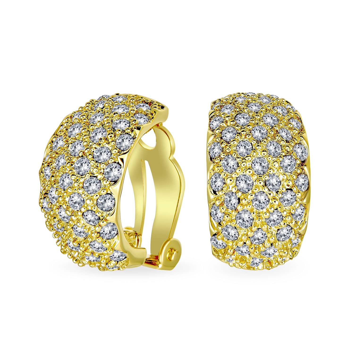 Fashion Bridal Pave Encrusted Crystal Wide Half Dome Clip On Earrings For Women Wedding Party Non Pierced Ears Yellow Gold Plated — image 1
