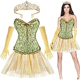 Funnysoft 4 Pcs Halloween Princess Costumes Women Green Fairy Princess Costume Corset Skirt Gloves Crown for Cosplay Party
