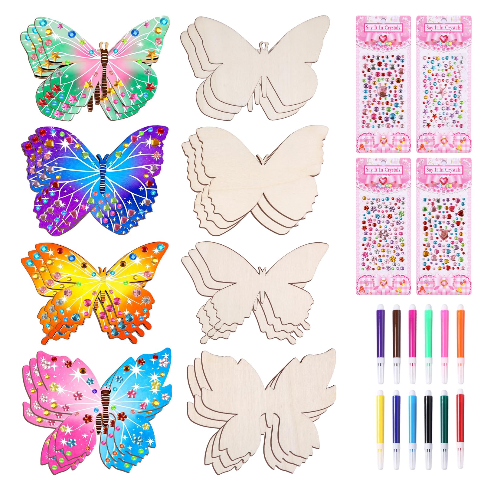 TAIHOBO 24PCS Wooden Craft Shapes: 4 Styles Butterfly Craft Kits for Kids with Watercolor Pencils & Gemstone Stickers, DIY Arts and Crafts for Kids, Christmas & End of Term Gifts for Children — image 1
