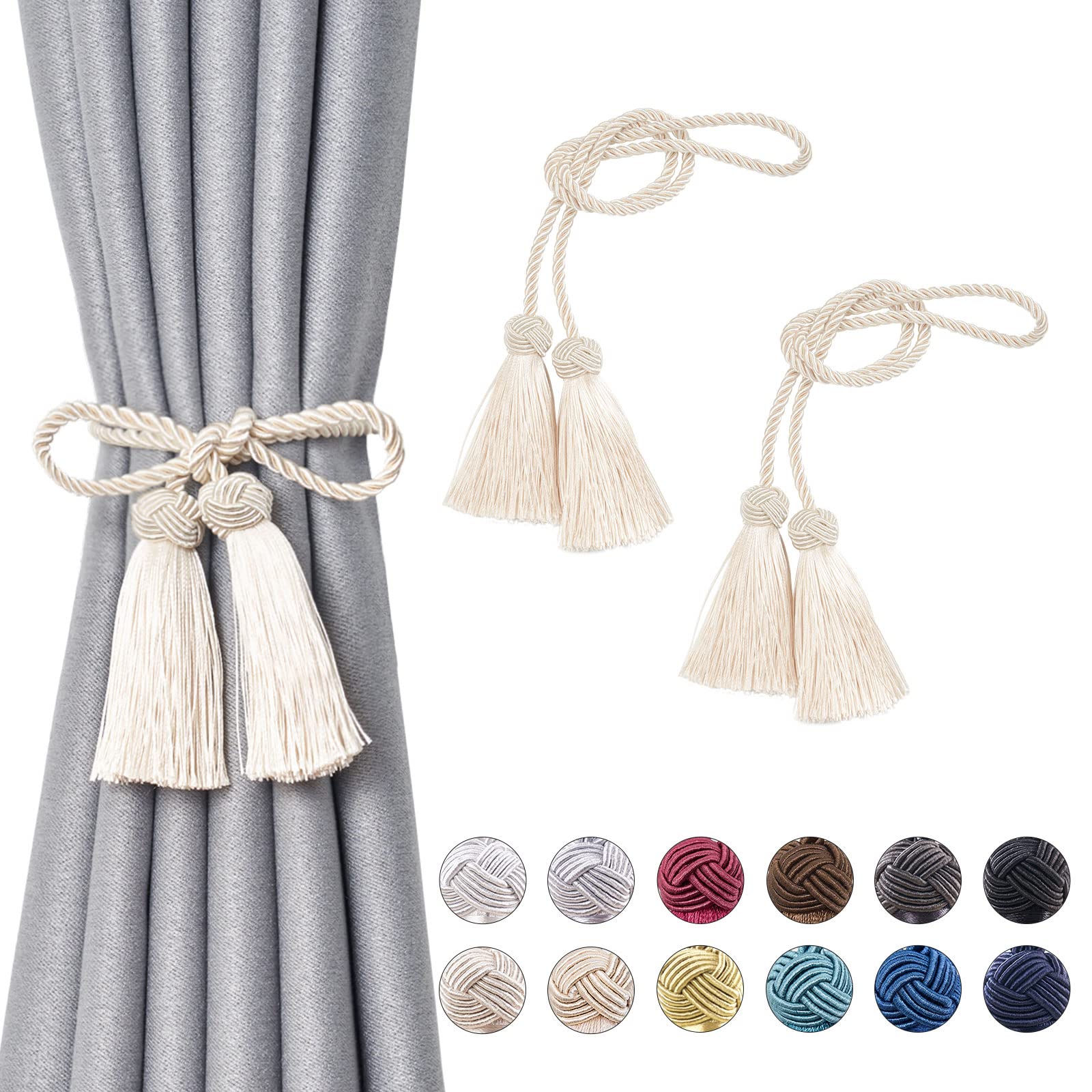 Pretty Jolly 2 Pack Double-ended Tassel Curtain Tiebacks Handmade Braided Rope Knot Drape Tie Backs European Style Decorative Curtain Holdbacks for Home & Office Window Drapery (Beige) โ image 1