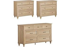 WAMPAT 3 Piece Bedroom Set - Includes Farmhouse 7 Drawer Dresser, Set of 2 Bedside Tables with 3 Drawers, 3 Piece Dresser and Nightstand Sets, Oak