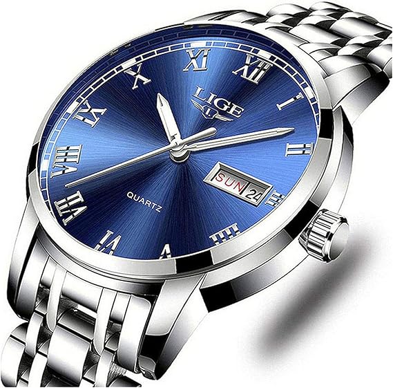 Amazon Lige Watches メンズ ファッション 防水 ステンレススチール アナログクォーツ腕時計 メンズ ラグジュアリー ビジネス ドレス腕時計 2 シルバー ブルー メンズ腕時計 腕時計 通販