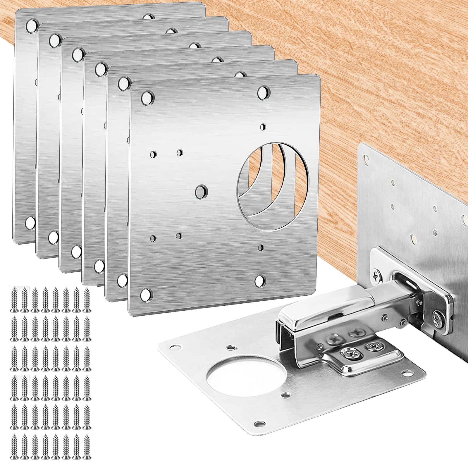 Cabinet Hinge Repair Plate Cabinet Brackets Stainless Steel Flat Fixing Brace Brackets Concealed Hinge Repair Plates Kit Suitable for Kitchen Cupboard Furniture Window Door, 6PCS with 36 Screws