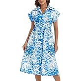 Women's Button Down Shirt Dress Floral Printed Turn Down Short Sleeve Formal Midi Shirt Dress with Belt
