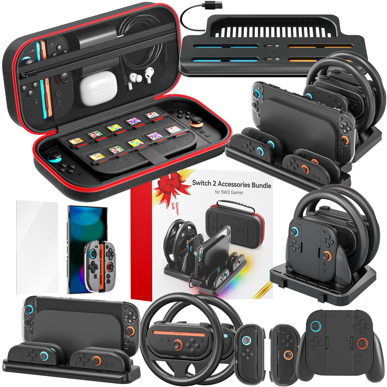 Switch 2 Accessories, Charging Dock & Storage Organization for Grips & Steering Wheels for Mario Game, Dockable Cover, Screen Protector, Bundle Case for Nintendo Switch 2 Starter, ALL-IN-1 Carry Case