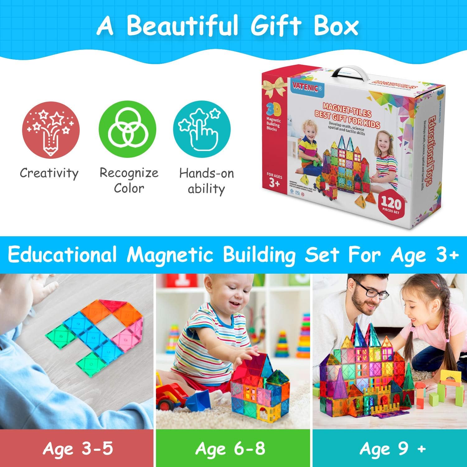 VATENIC 120PCS Kids Magnetic Tiles Building Blocks Set 3D Color Magnetic Blocks Toys for Kids Children,Educational Learning Toys Birthday Gifts for Boys Girls Age 3 4 5 6 7 8 9 10 Year Old: Toys & Games