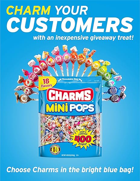 CHARMS MINI POPS – 4.5 LB BAG OF INDIVIDUALLY WRAPPED FRUITY HARD CANDY LOLLIPOPS IN 18 FUN FLAVORS – PEANUT AND GLUTEN FREE, 400 COUNT