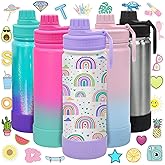 CHILLOUT LIFE 17 oz Kids Insulated Water Bottle for School with Leakproof Spout Lid and Cute Waterproof Stickers, Personalized Stainless Steel Thermos Flask Metal Water Bottle for Girls & Boys