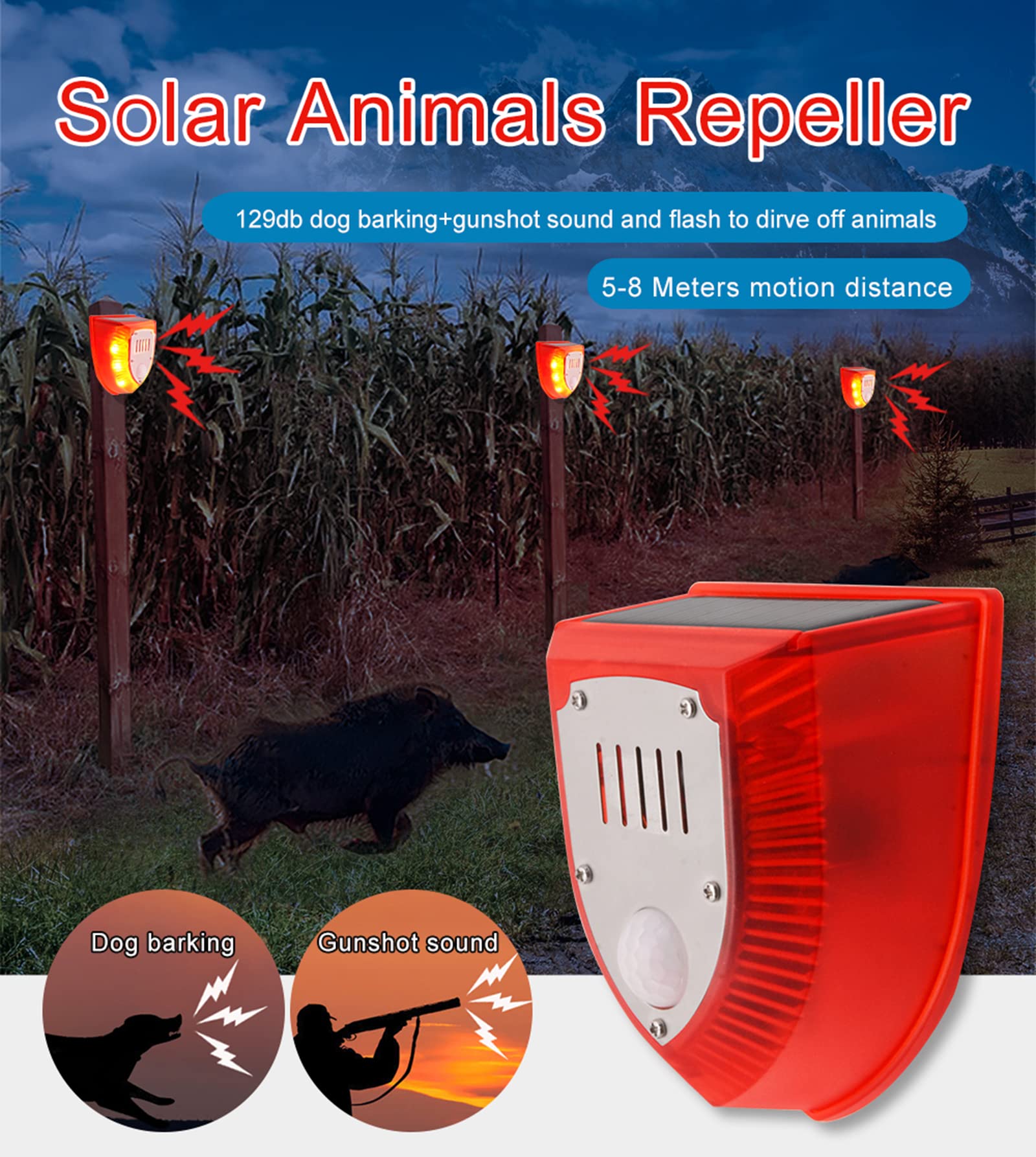 LAFEINA 2 Pack Solar Security Alarm Lights, 129dB Gunshot Sounds & Dog Barking Sound & Light Strobe Light Warning Lamp for Outdoor Farm Barn, Villa Yard