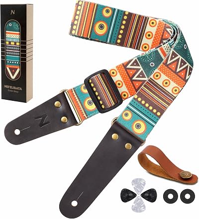Nefelibata Nylon Guitar Strap with Cowhide Ends 5cm 38-64in Includes Picks