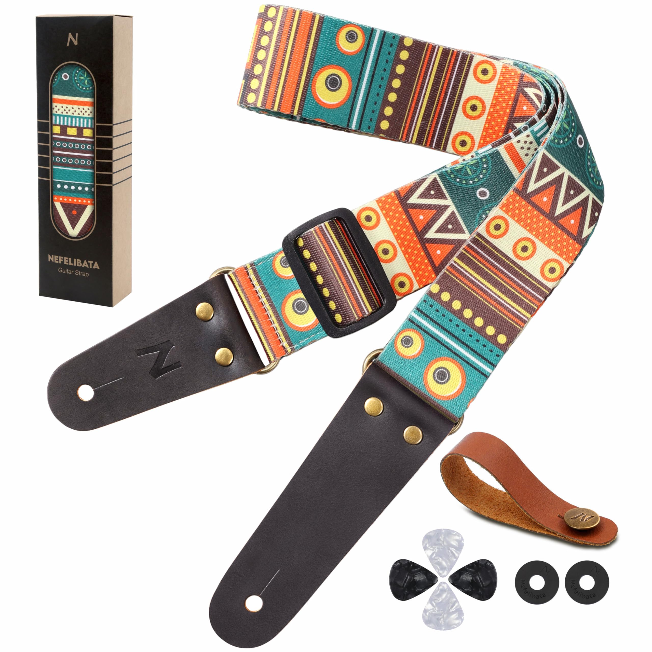 Nefelibata Guitar Strap, Nylon Print Guitar Straps with Head Cowhide Leather Ends for Bass, Electric & Acoustic Guitars, Free Strap Button, 1 Pair Strap Locks and 4 Guitar Picks