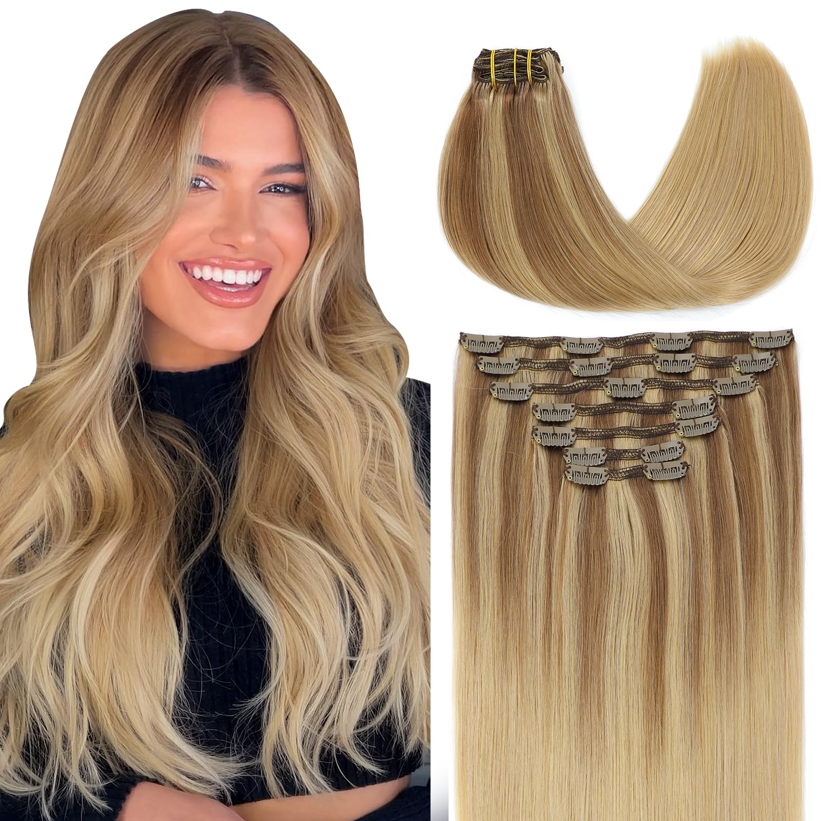 VINBAO Clip in Hair Extension Real Human Hair Balayage Ash Brown To Golden Blonde 22inch 160g Hair Extensions Clip ins for Women Human Hair Clip in Extensions Silky Straight (#7C10/16/16, 22'')
