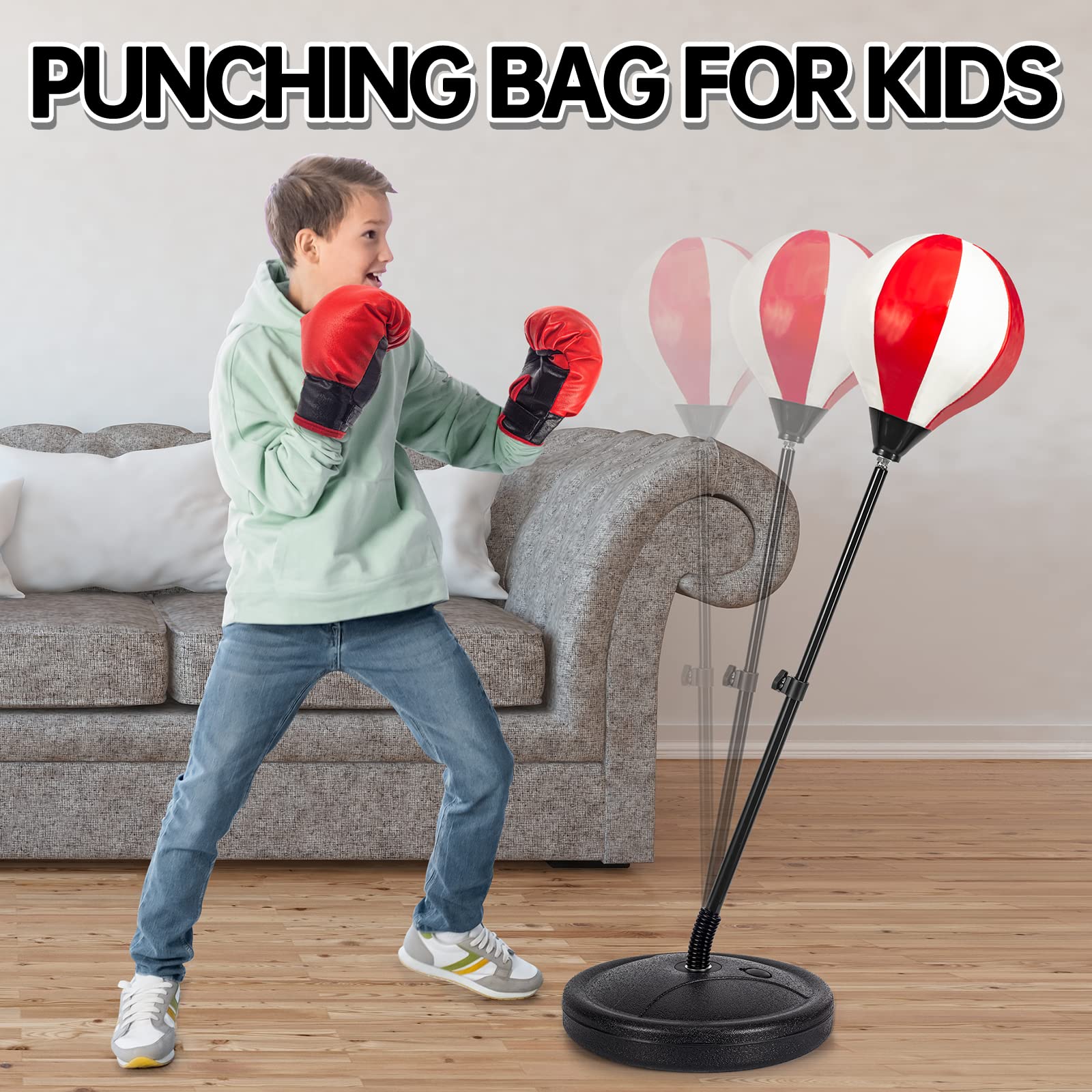 ShyLizard Kids Punching Bag Set with 2 Boxing Gloves, Adjustable Stand, Gifts for Boys & Girls Aged 5-10