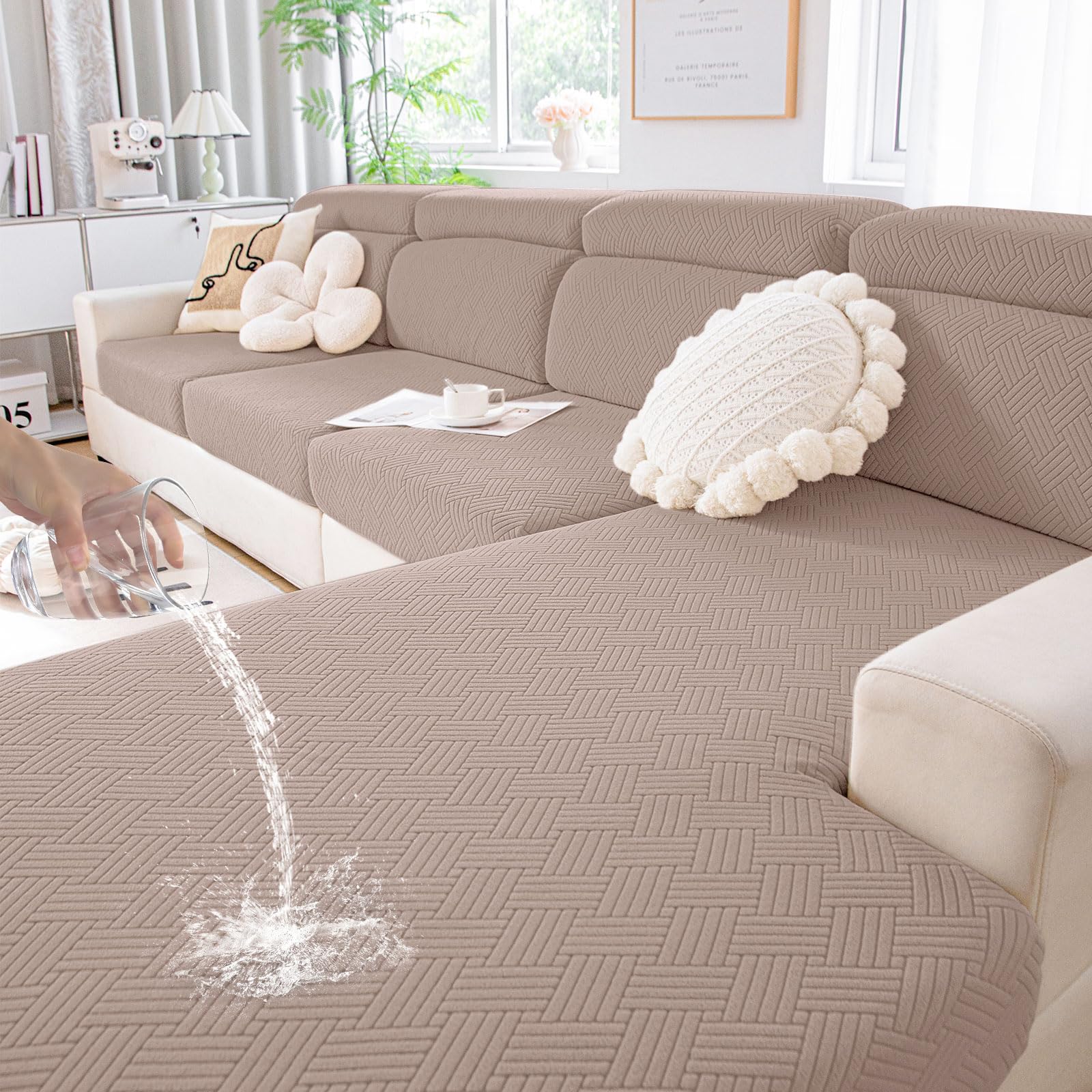 Photo 1 of hyha Waterproof Couch Cushion Covers, Stretch Magic Sofa Seat Slipcover, Waterproof Sectional Couch/Sofa Cushion Covers for Pets Washable with Elastic Bottom(Medium, Camel)