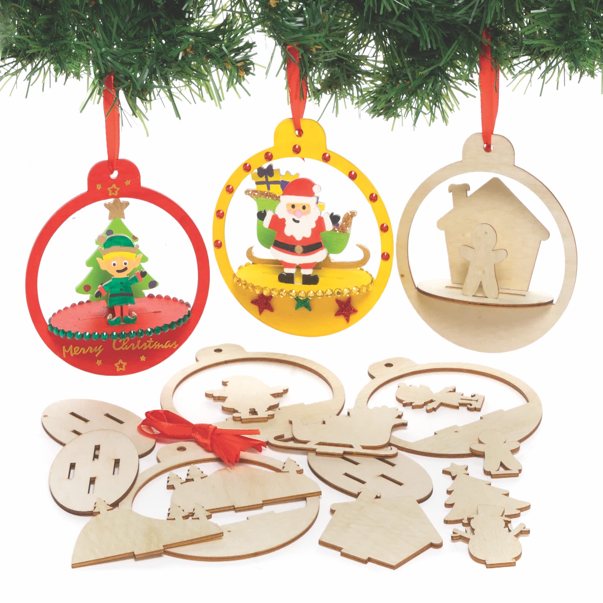 Baker Ross FC196 Wooden Bauble Craft Kit - Pack of 5, Kid, Unfoldable, Traditional Christmas Decorations, Woodworking Art & Craft Kit