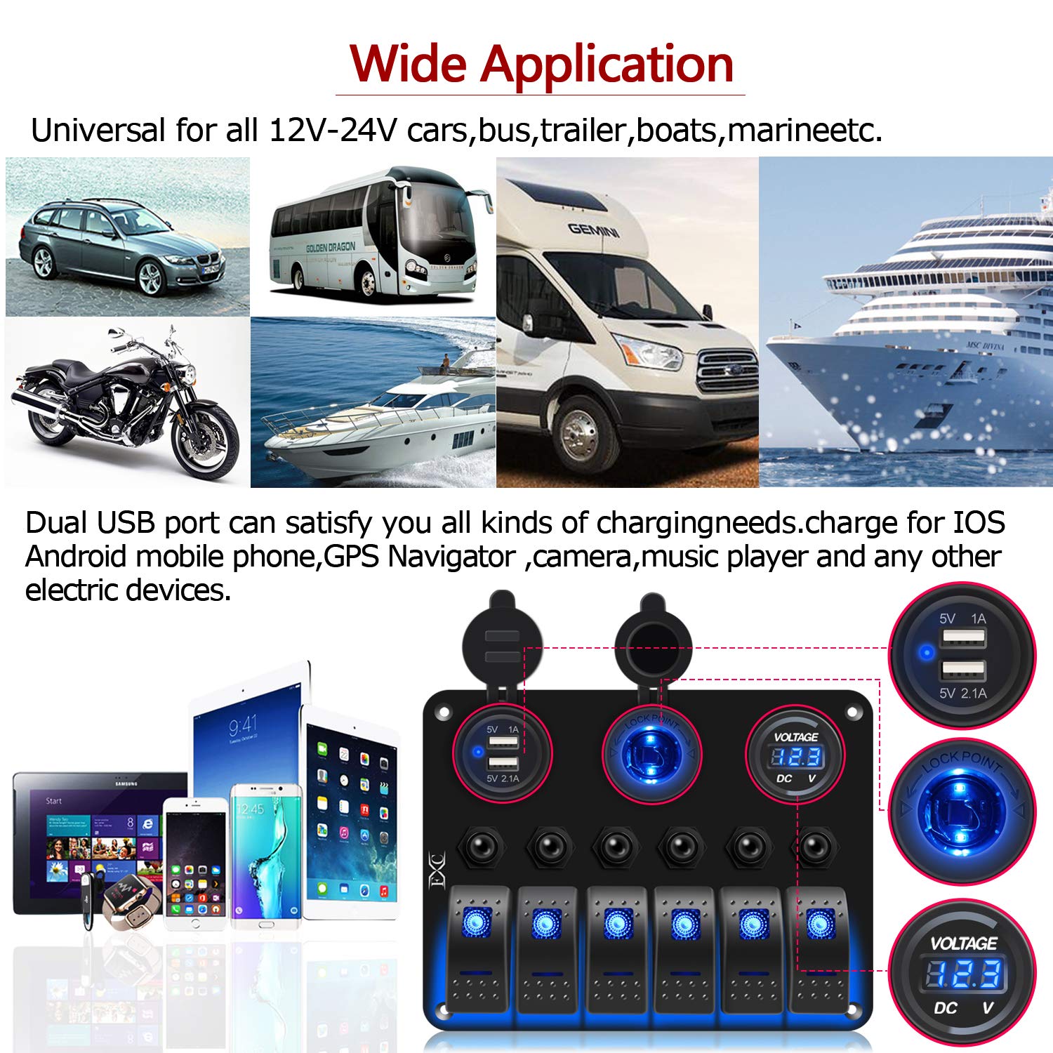 FXC Waterproof Marine Boat Rocker Switch Panel 6 Gang with 3.1A Dual USB Slot Socket + Cigarette Lighter +LED Voltmeter with Overload Protection for Car Rv Vehicles Truck (6 Gang Blue LED) (6 Blue): Industrial & Scientific