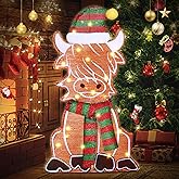 DomKom 28" Highland Cow Christmas Lighted Decoration, 2D Flat Plug-in Lighted Cow with Scarf & Hat, Farmhouse Holiday Yard Display for Porch, Lawn, Indoor Christmas Decorations