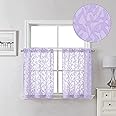 Lecloud Leia Light Purple Sheer Kitchen Curtains 24 Inch Length 2 Panels, Jacquard Textured Leaf Voile Short Curtains with Dual Rod Pocket, Farmhouse Bedroom Living Room Tiers, 38 W x 24 L