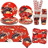 Folding Fans Party Decoration, Hibachi Japanese Party Supplies Include Plates Tablecloth Napkins Tableware for Chinese Japanese Fans Party Baby Shower Serves 20