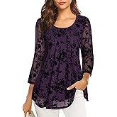 VALOLIA Women's 3/4 Sleeve Tunic Tops Casual Loose Fit Floral Blouses Mesh Pleated Layered Shirt