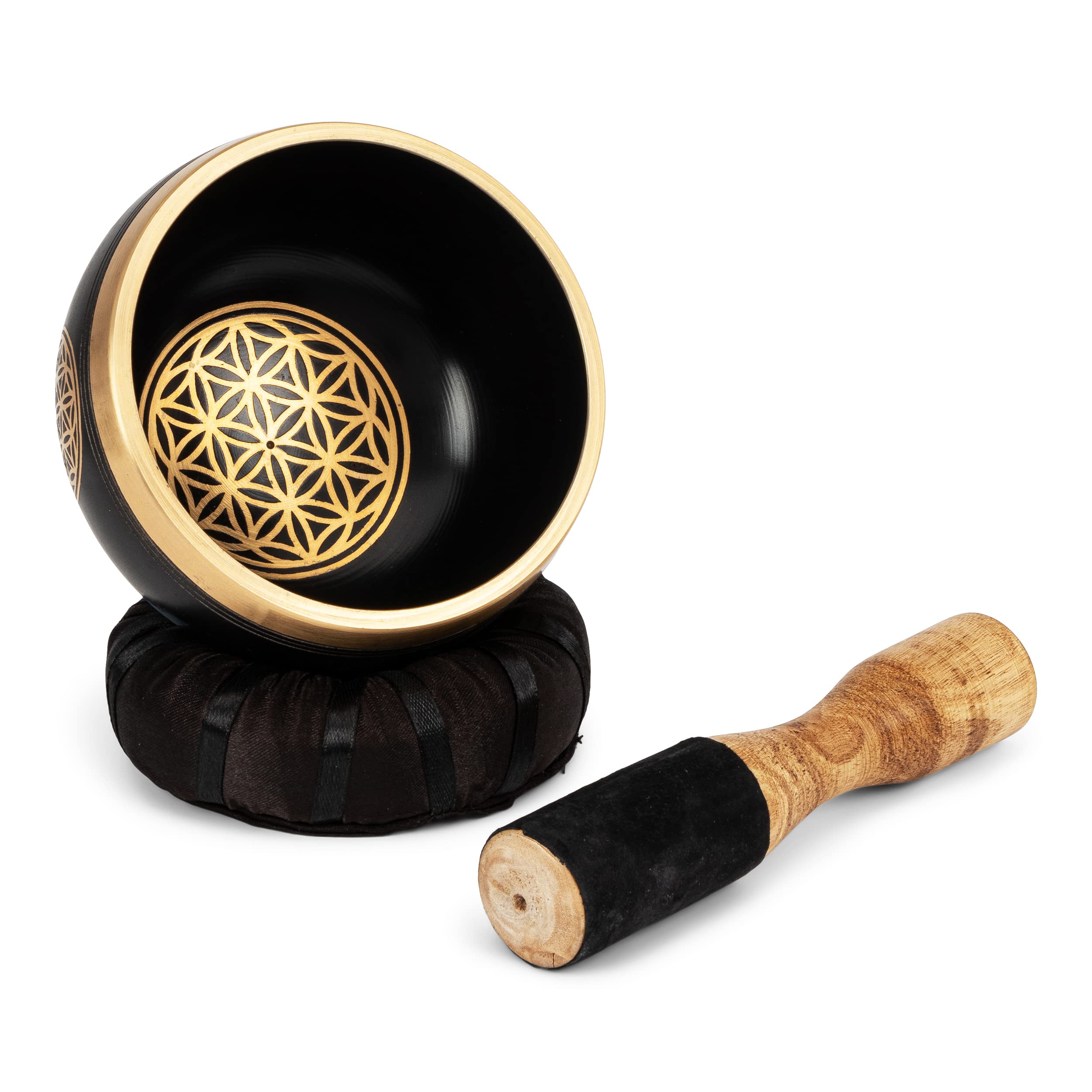 NKlaus Singing Bowl Set Flower of Life in Fabre black gold with clapper and singing bowl cushion Meditaions Bowl 2670