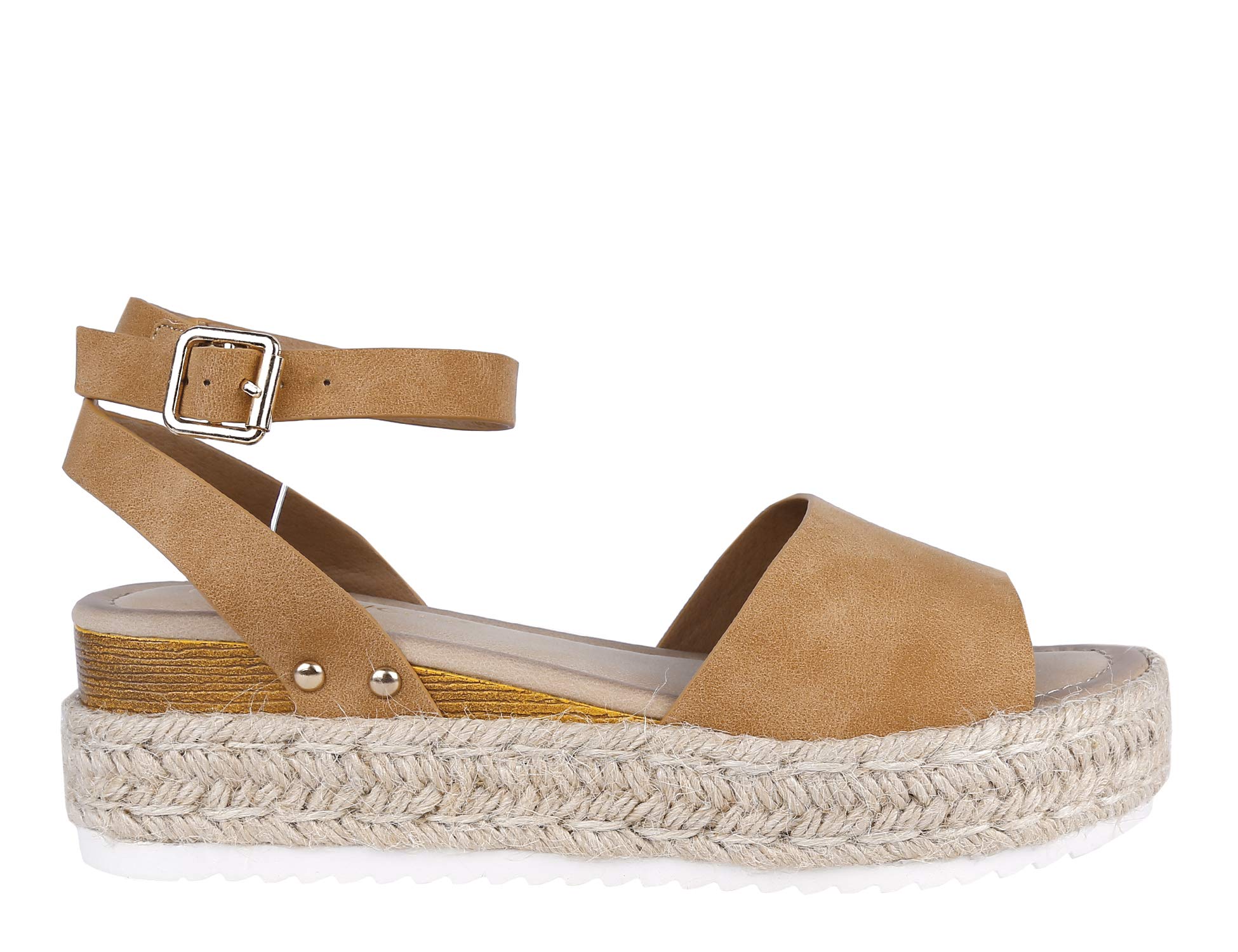 Greatonu Womens Espadrilles Platform Open Toe Ankle Strap Buckle Wedges Sandals Flatform Camel Size 8 US - Image 3