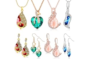 MTLEE 4 Set Peacock Jewelry Sets for Women Crystal Necklace Earrings Rhinestone Waterdrop Pendant Heart Charm Hook Earrings Indian Jewelry Set for Mother's Gift Valentine's Gifts Lover Ladies