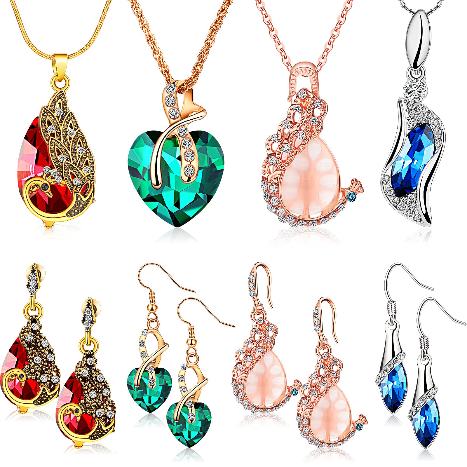 MTLEE 4 Set Peacock Jewelry Sets for Women Crystal Necklace Earrings Rhinestone Waterdrop Pendant Heart Charm Hook Earrings Indian Jewelry Set for Mother's Gift Valentine's Gifts Lover Ladies