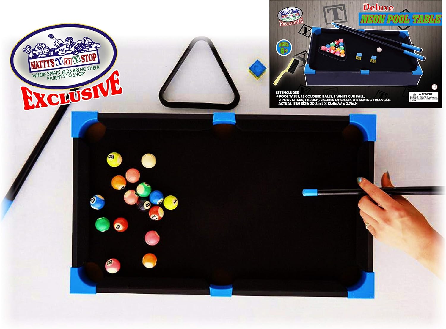 Matty's Toy Stop Deluxe Wooden 20" Mini Table Top NEON Pool (Billiards) Table with 15 Colored Balls, 1 Cue Ball, 1 Brush, 2 Pool Sticks, 2 Cubes of Chalk & Racking Triangle : Sports & Outdoors