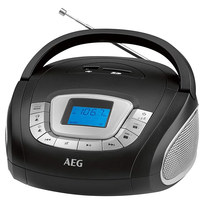 AEG SR 4373 Stereoradio, Uhr mit Alarmfunktion, Multifunktionsdisplay, USB-Port, Card-Slot, AUX-IN, Kopfhöreranschluss schwar