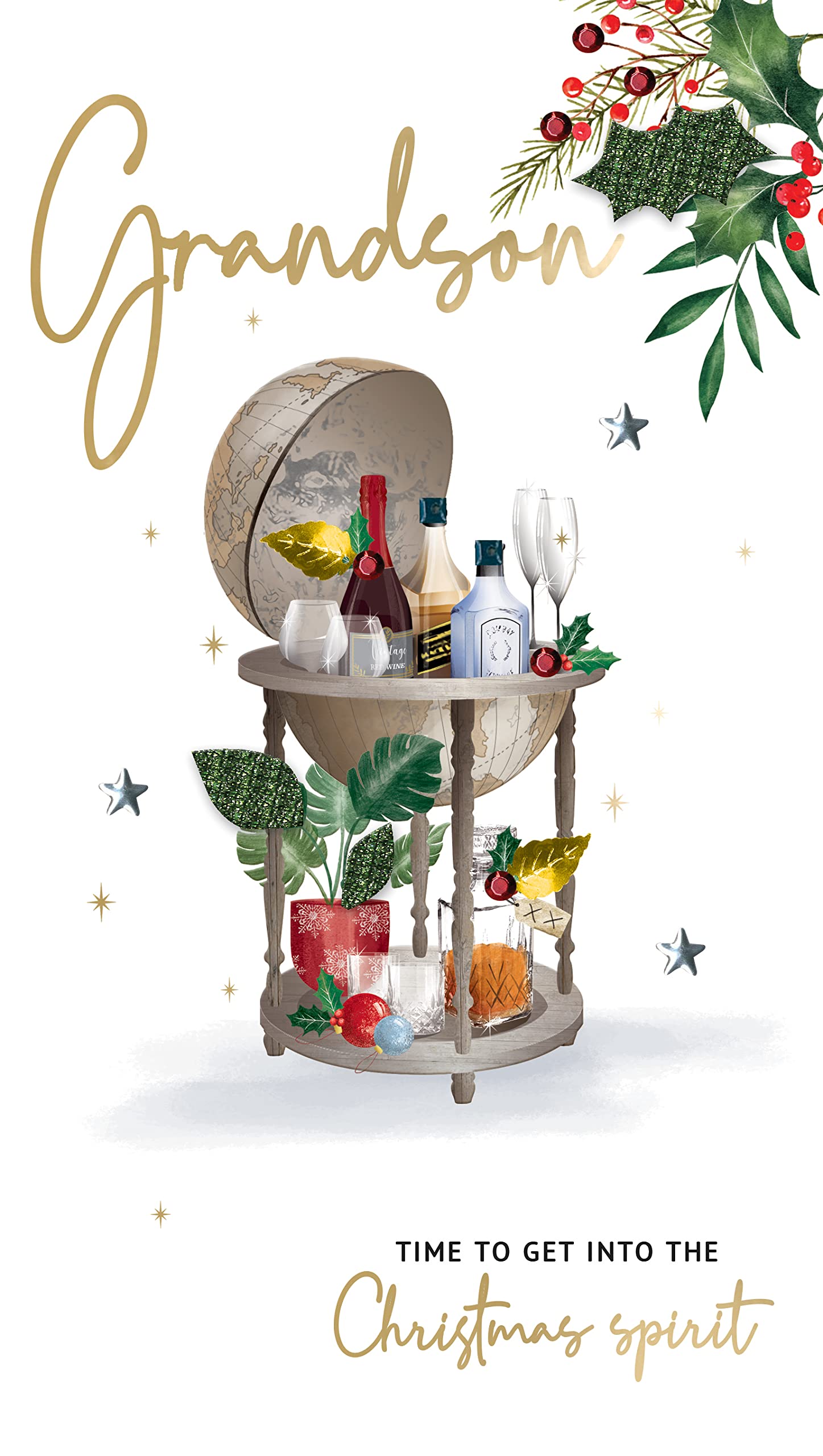 Grandson Xmas Spirt Embellished Christmas Card Hand-Finished Champagne Cards XCDC379