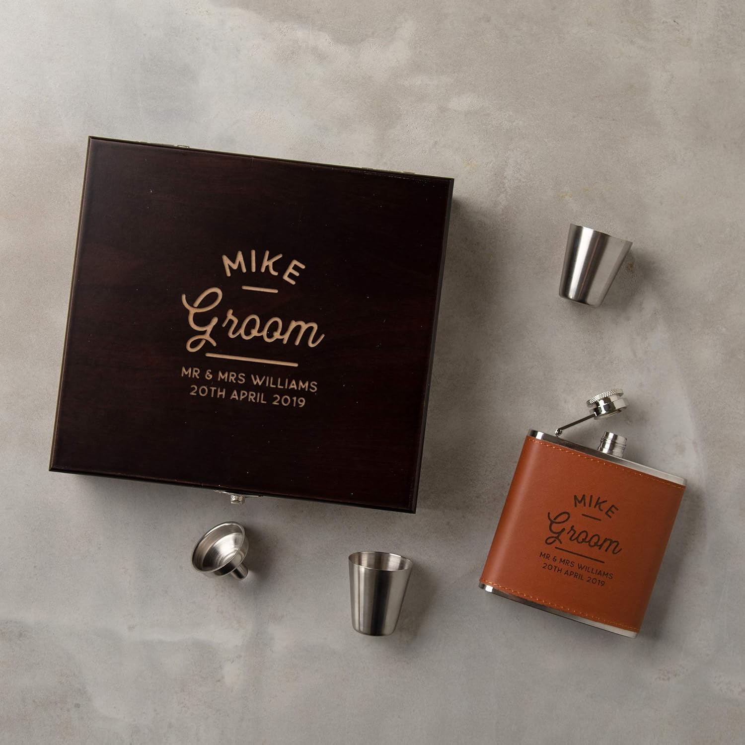 Husband Gift Wedding Day Personalised Groom Hip Flask Gift Set - Engraved Gift For Husband To Be