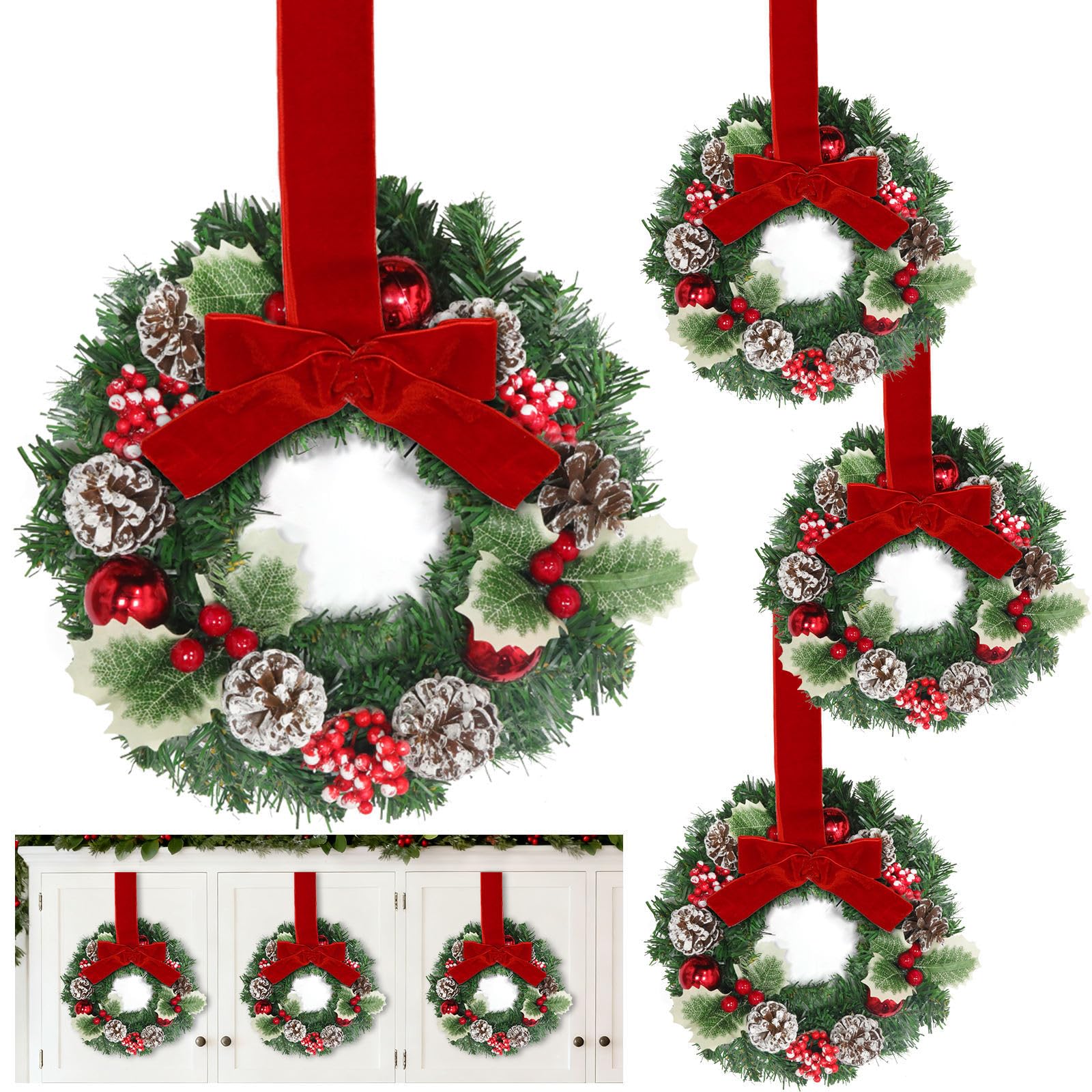 Photo 1 of 4 Pcs 12 Inch Small Christmas Wreath Mini Door Wreath with Ball Frosted Pinecone Berried Holly Christmas Decorations for Indoor Window Wall Stairs Room Home Office Decor Kitchen