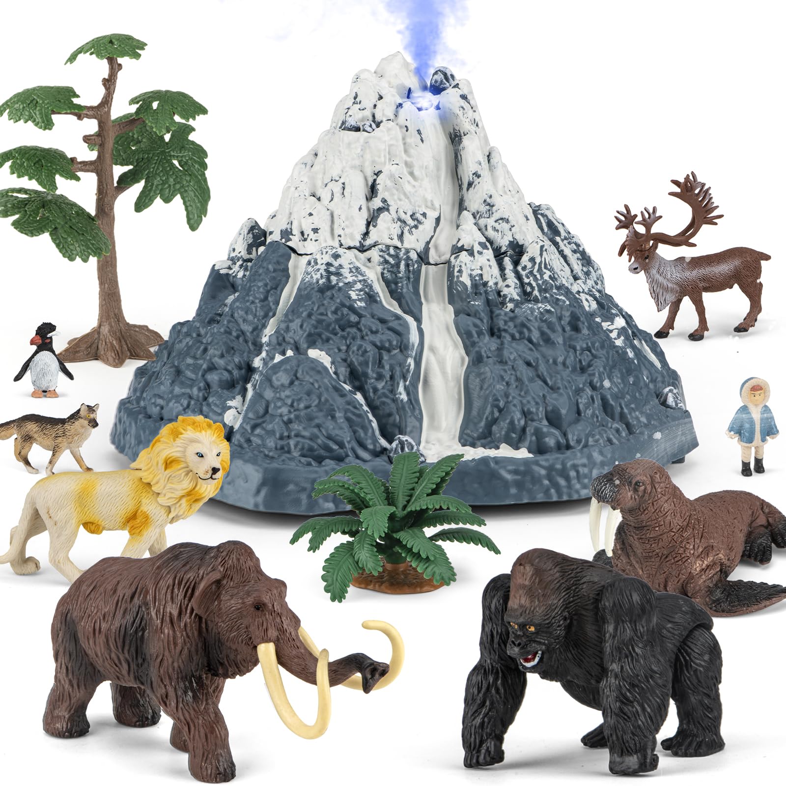 Photo 1 of Prehistoric Animal Toys for Kids 3-5, Safari Animals Figurines and Snowy Volcano Toy Set with /Realistic Mammoth, Lion and Gorilla. Educational Gift 4-9.Gift for Toddlers Boys & Girls