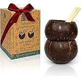 Jungle Culture® Real Coconut Shell Cups for Malibu Cocktails & Smoothies • Small Coconut Bowls & Bamboo Straws • Natural Wooden Cup • Drinking Mugs/Tumblers for Party • Zero Waste Sustainable Gifts