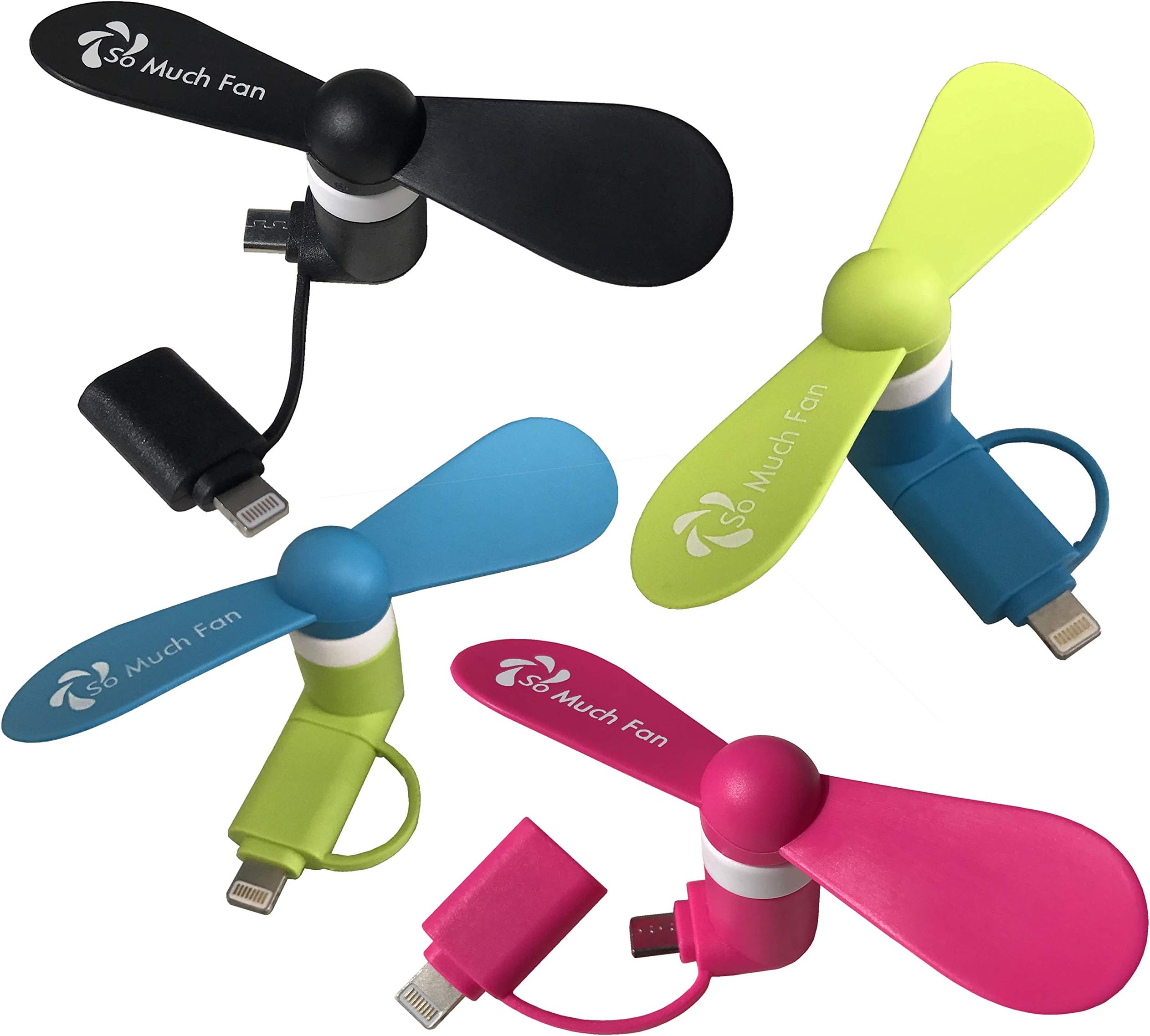 Portable iPhone Fan - Colorful and Powerful 2-in-1 Fans for iPhone/iPad and Android Smartphone/Tablet - 4 Piece - Black/Pink/Blue/Green - Summer 2017 iPhone Accessories