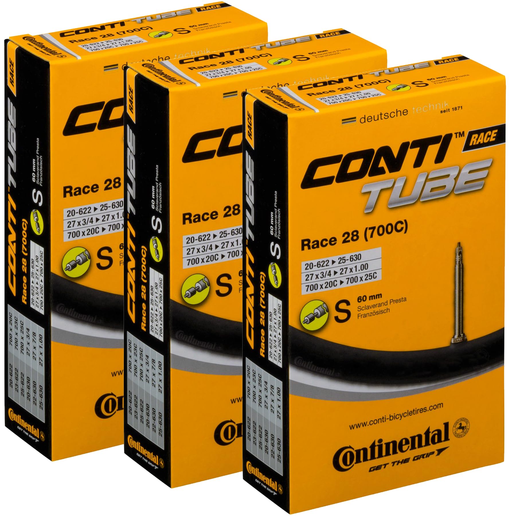 Continental Race 28 700 x 20-25c Bike Inner Tubes (Pack of 3) - Presta 60mm Long Valve, Black