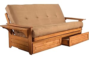 CORDOVA FUTONS Lakefront Complete Futon - Drawers, Frame and Mattress Set - Arm Tray 8" Innerspring Queen Size Sofa Under Bed Storage Lounger (Beige, Queen)