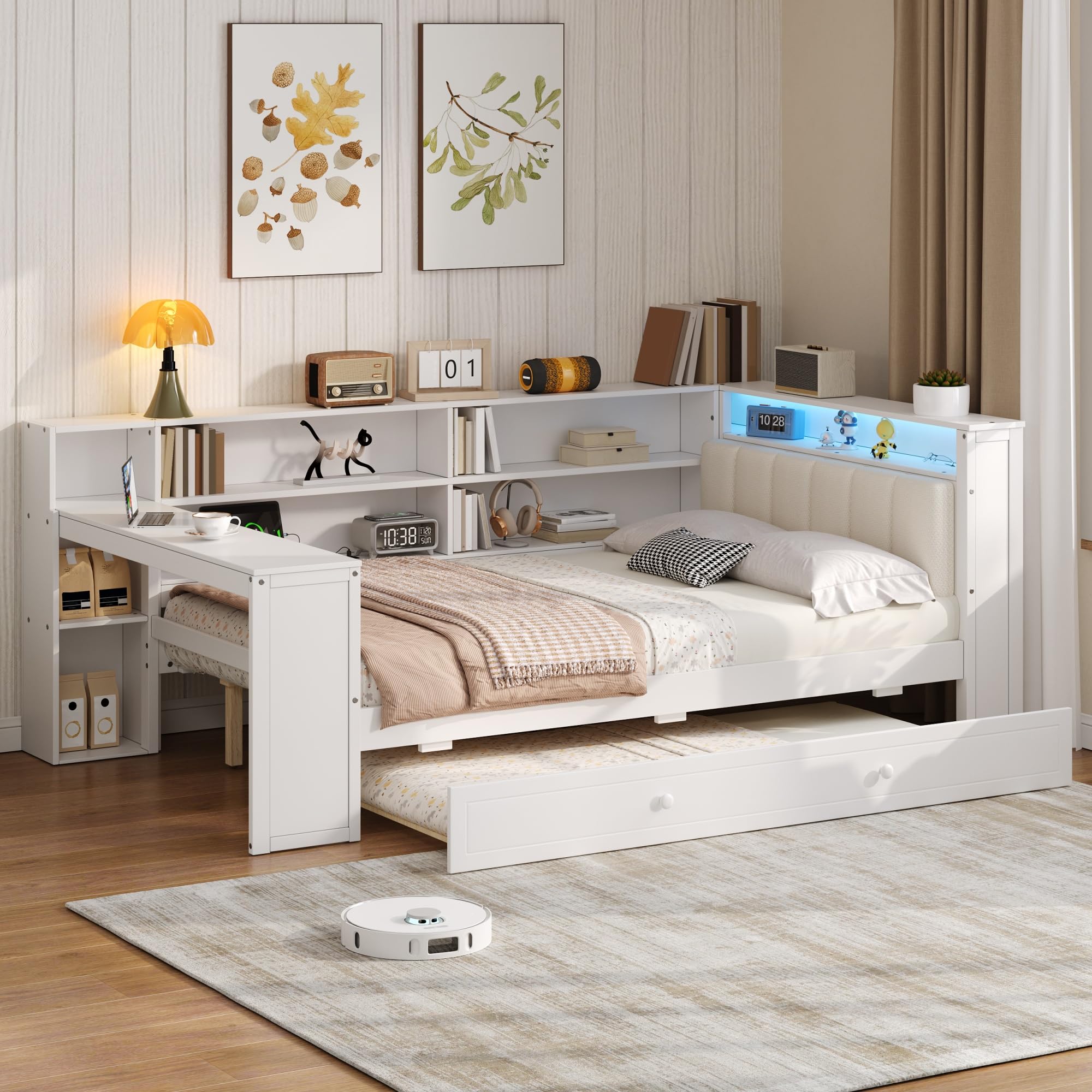 Photo 1 of *** SET INCOMPLETE BOX 1 OF 3 AND 2 OF 3 ONLY** MISSING BOX 3 OF 3**
Merax Multifunctional Full Size Daybed with Trundle, Built-in Desk, Wood Corner Bed with 8 Storage Shelves, Charging Station, and Upholstered Headboard, Beige + White