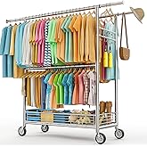 Heavy Duty Clothes Rack Load 960LBS, Three Rods Rolling Clothing Racks for Hanging Clothes, Rolling Garment Rack With Sturdy Wheels Shelves Hooks, Portable & Adjustable Commercial Garment Rack, Silver