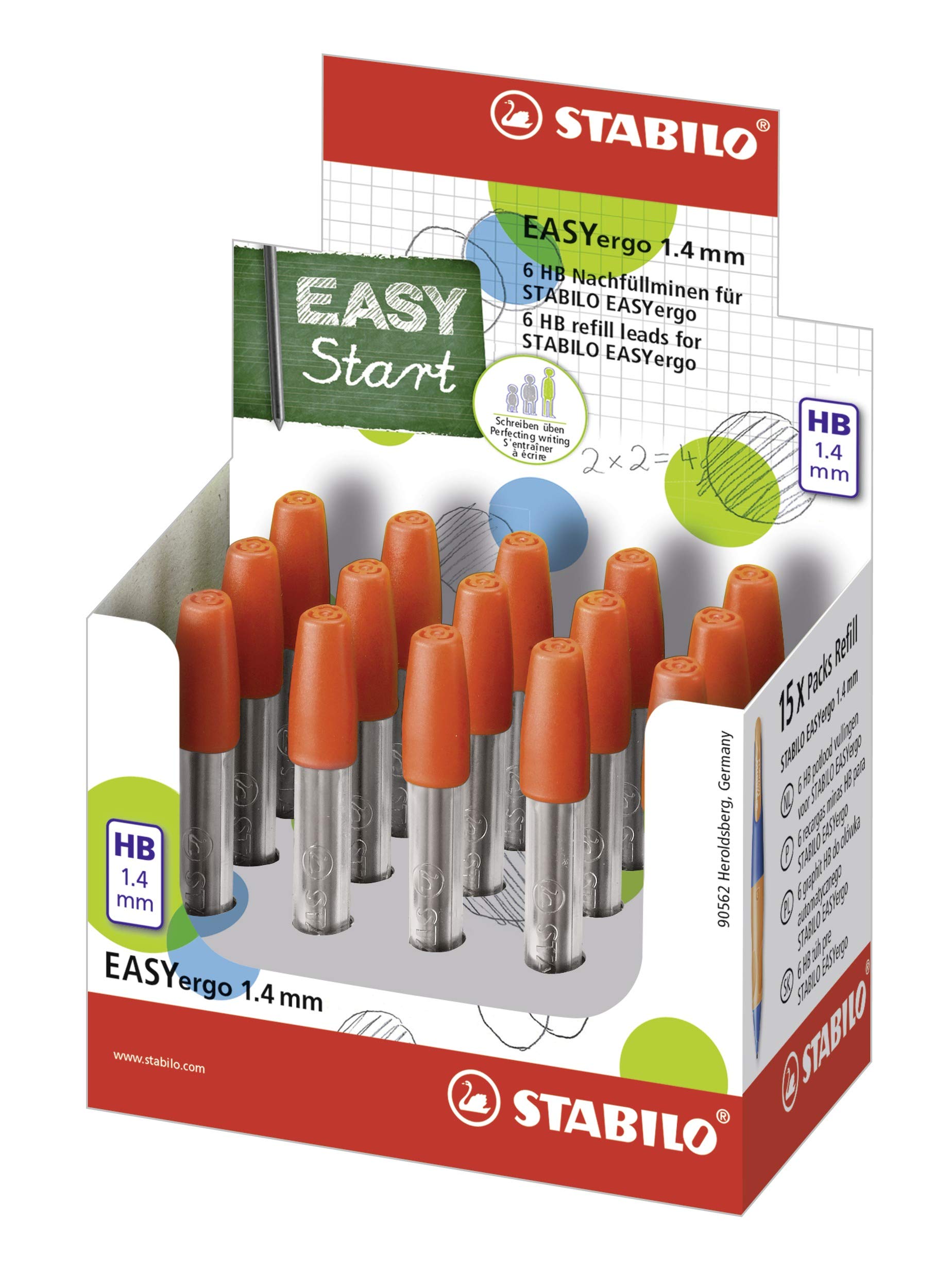 STABILO EASYergo 1.4 - Ergonomic Mechanical Pencil Refill Leads - Pack of 6 x 15 - Degree HB