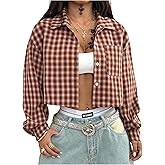 SweatyRocks Women's Long Sleeve Button Down Cropped Plaid Shirts Lightweight Crop Top Blouse