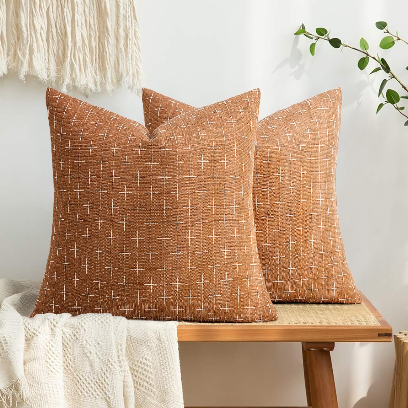 Photo 1 of MIULEE Pack of 2 Decorative Burlap Linen Throw Pillow Covers Farmhouse Pillowcases Modern Rustic Woven Textured Cushion Cover for Sofa Couch Bed 20x20 Inch Brick