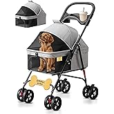 LUXE CARES 4 Wheel Foldable Pet Stroller - Lightweight Dogs and Cats Stroller Upto 44lbs with Mesh Canopy, Storage Basket and Cup Holder, Durable for Walks and Outings (Small)